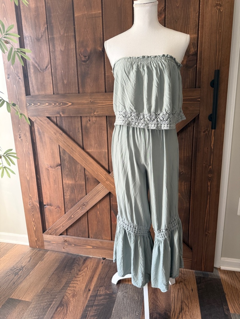 Strapless Sage Green Cropped jumpsuit with Crochet Trim